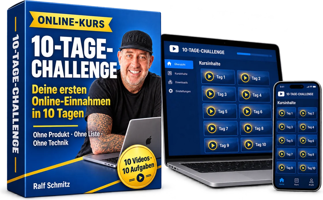 10-Tage-Challenge: Kursbox mit Ralf Schmitz, dazu Laptop und Smartphone mit den Videos Tag 1 bis Tag 10